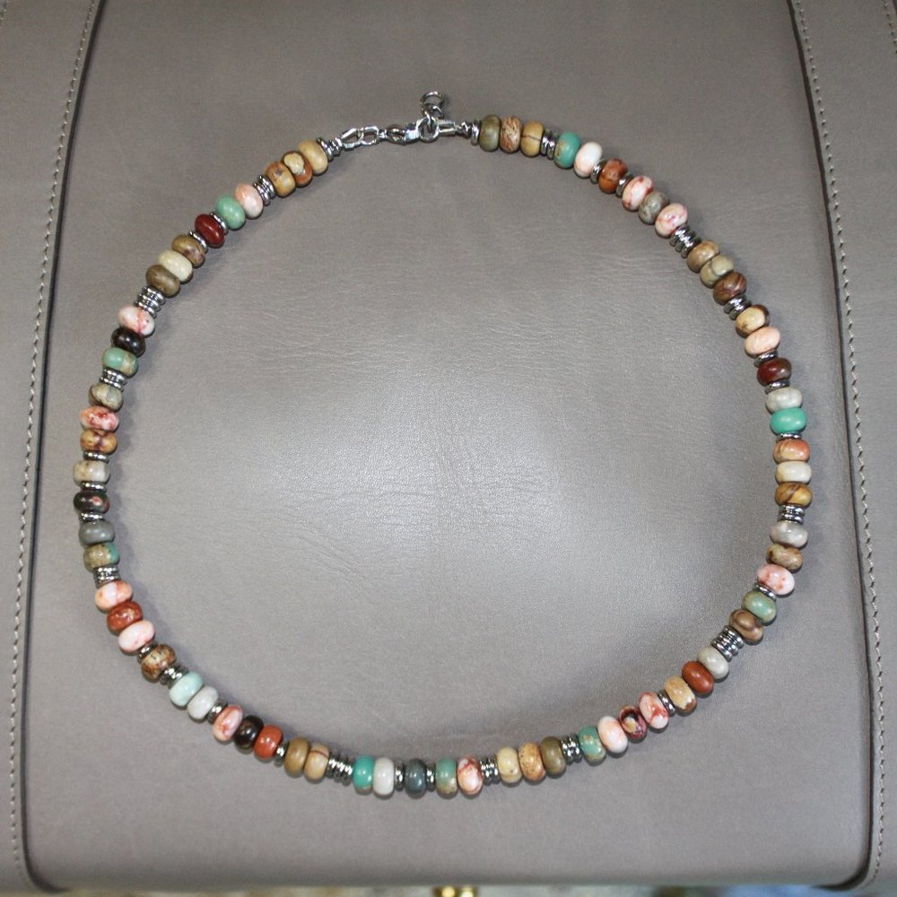 Unisex Mixed Jasper Necklace Natural Stones and Stainless Steel - Handmade -New